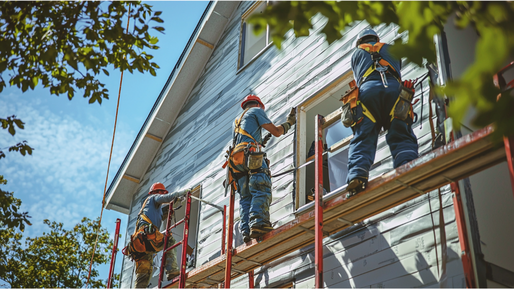 A team installing siding