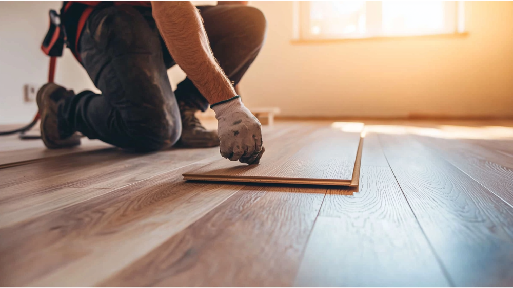 A man installing hardwood flooring