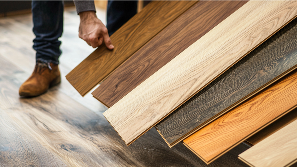 A man holding different types of hardwood flooring