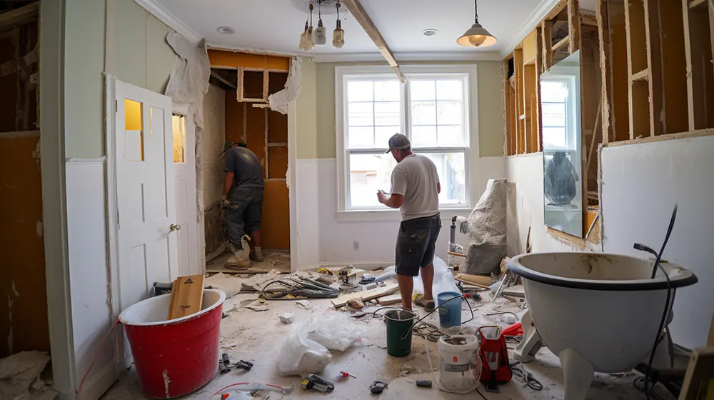 Two men working on a bathroom remodel