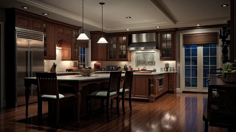 A beautifully remodeled kitchen with hardwood floors.