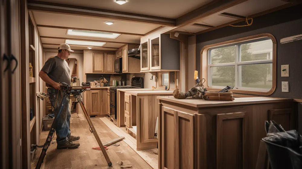 A professional working on a mobile home remodel