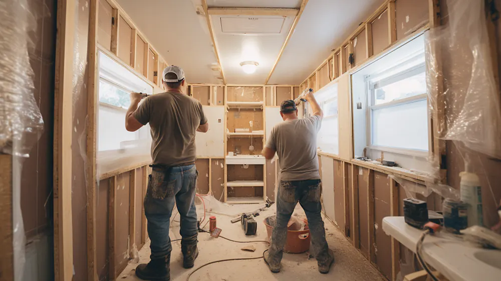 Two guys working on remodeling a bathroom