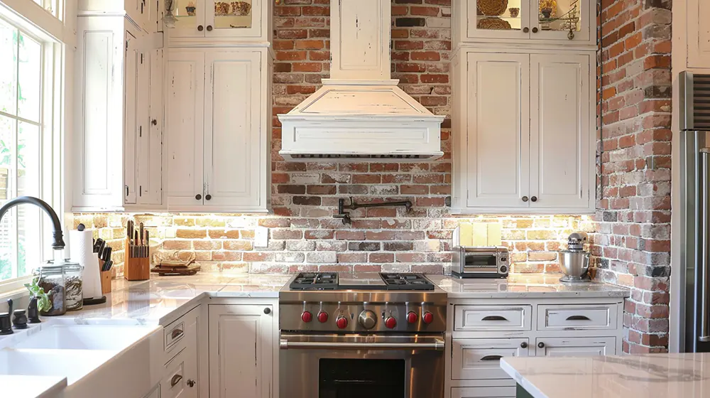 brick backsplash with white cabinets