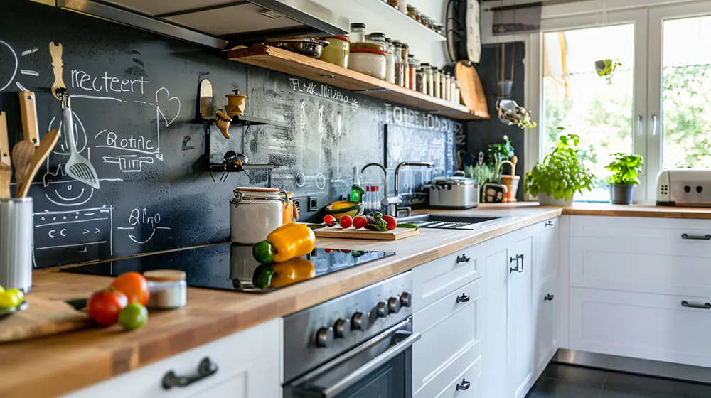 a chalkboard backsplash with white cabinets