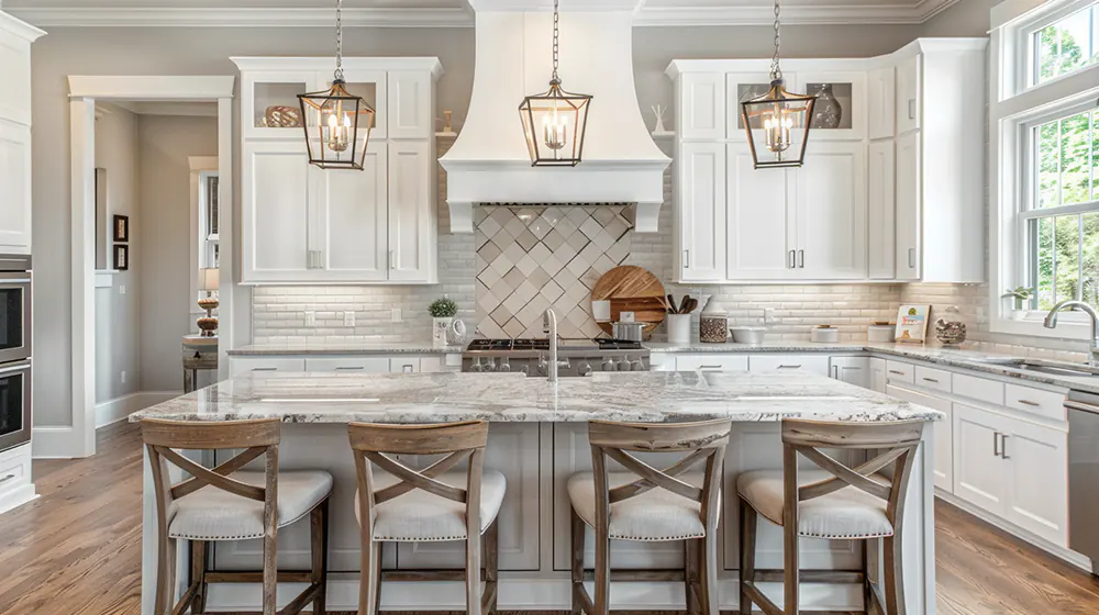 glass tiles with white cabinets