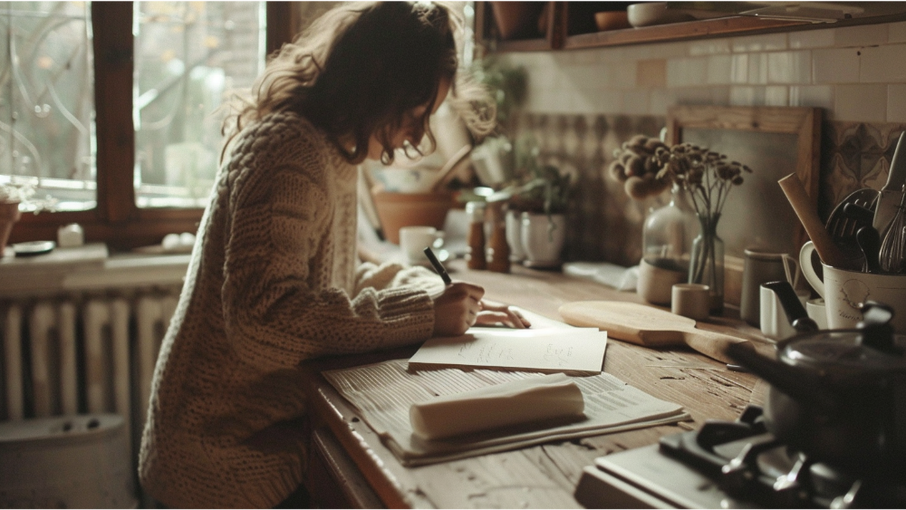 A woman writing her budget in the kitchen