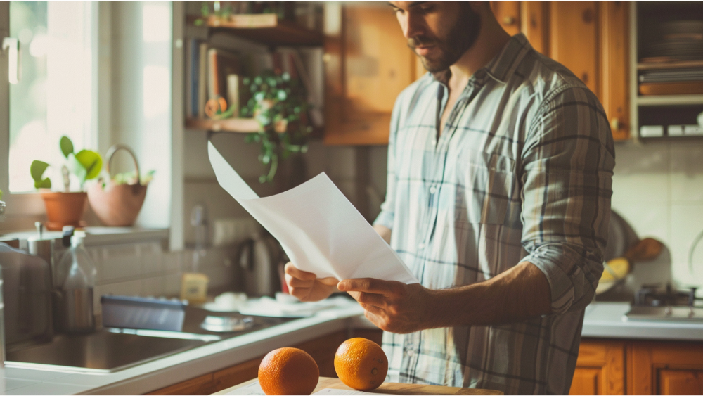 A man figuring out his budget in the kitchen