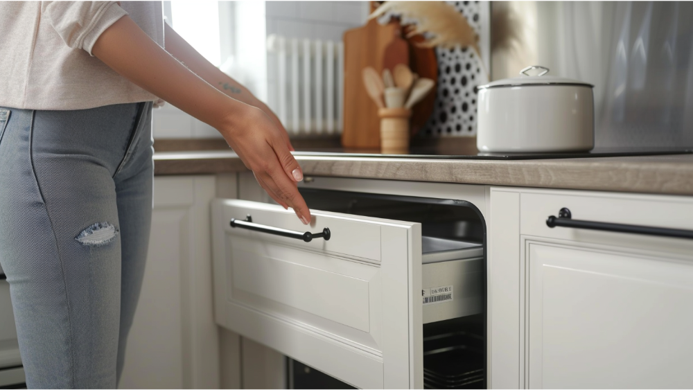 A woman opening up her cabinet