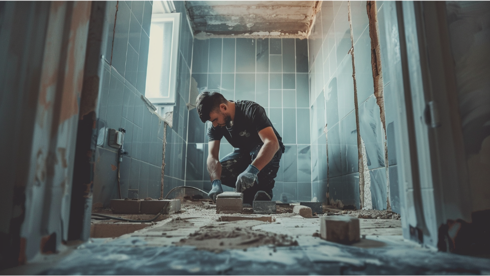 A man doing a tile installation