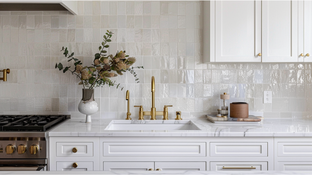 Brass accents on a kitchen backsplash