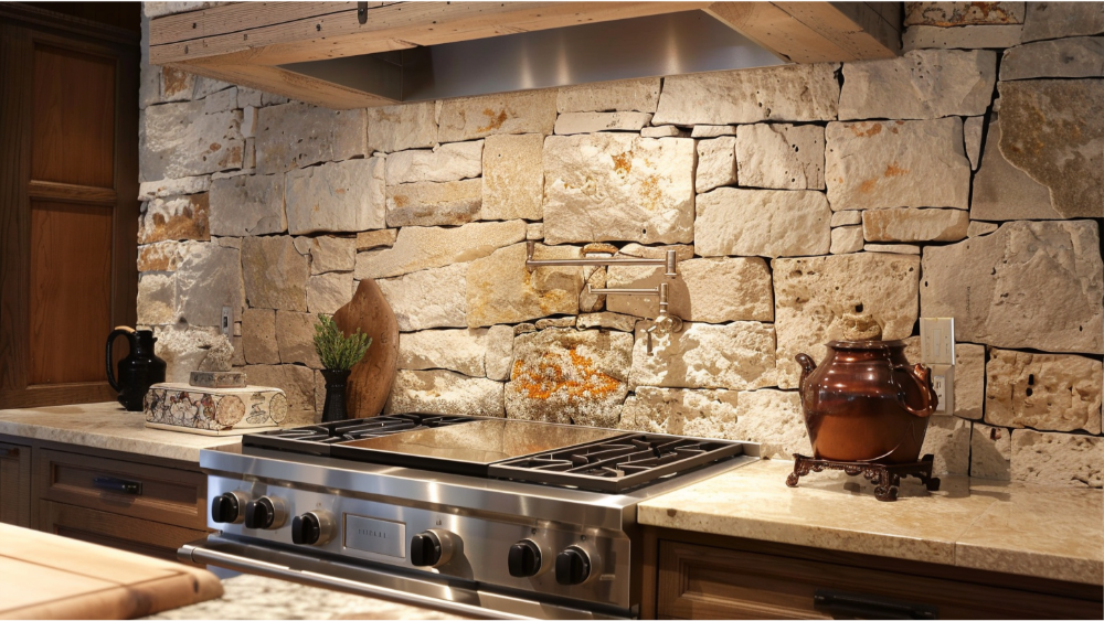 A natural stone backsplash