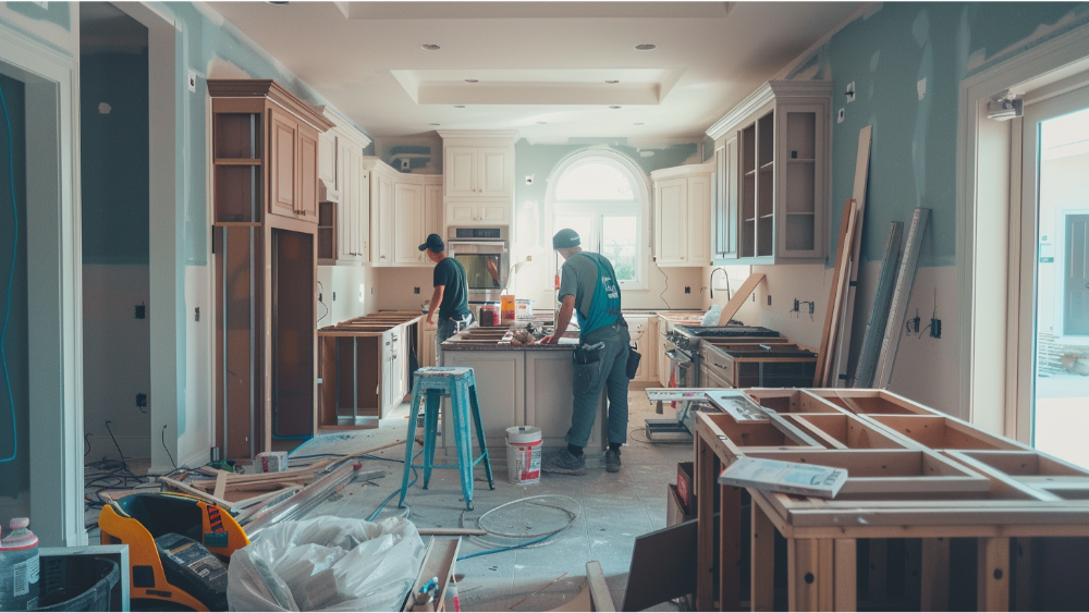 A team of people remodeling a open concept living room kitchen