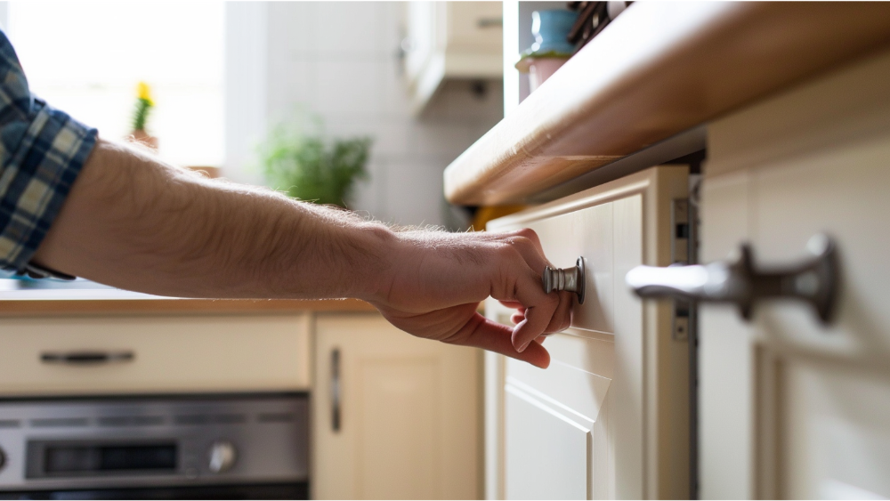 A man opening up their cabinets