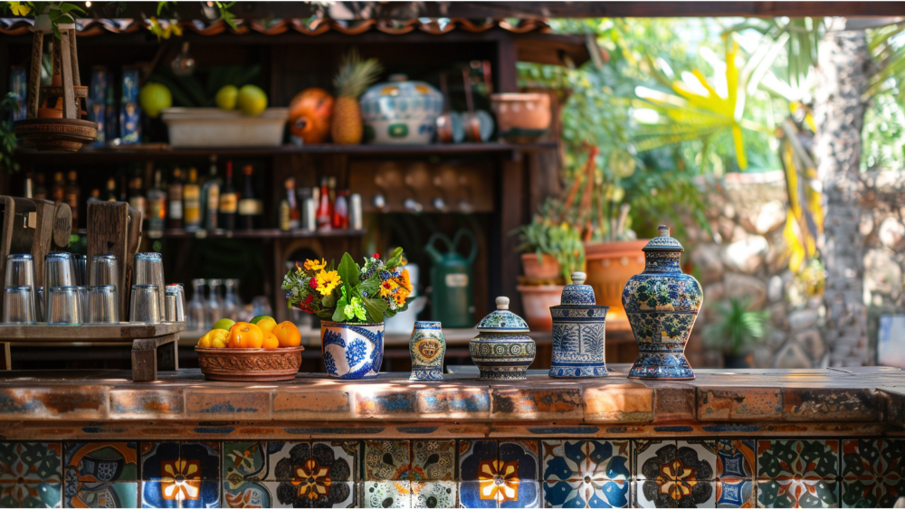 An outdoor kitchen island with decor