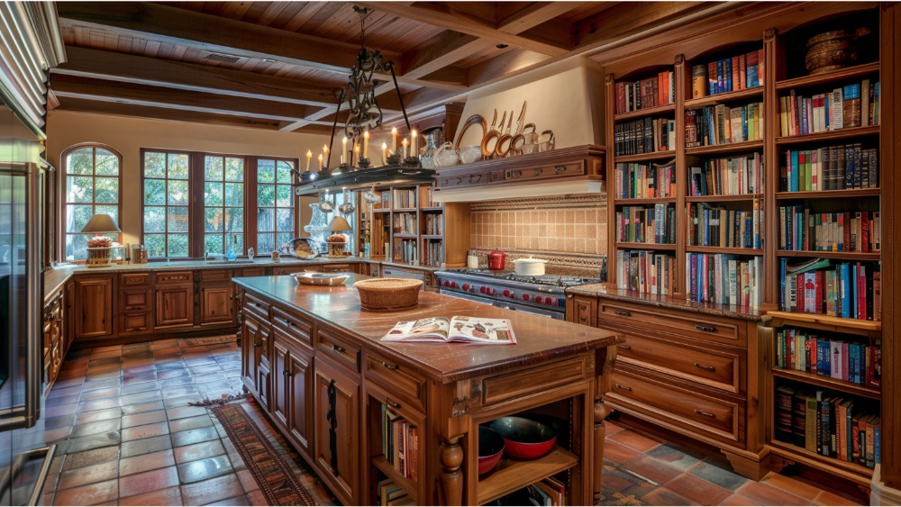 A kitchen island with cookbooks