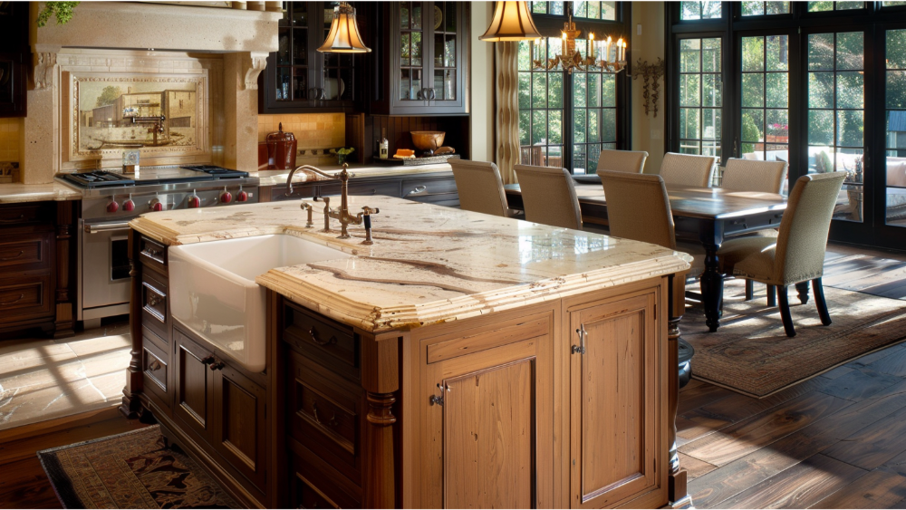 A kitchen island with a big sink