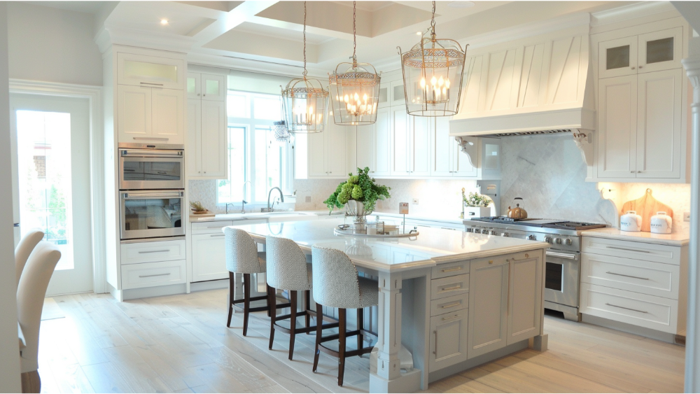 A white kitchen remodel with enhanced lighting