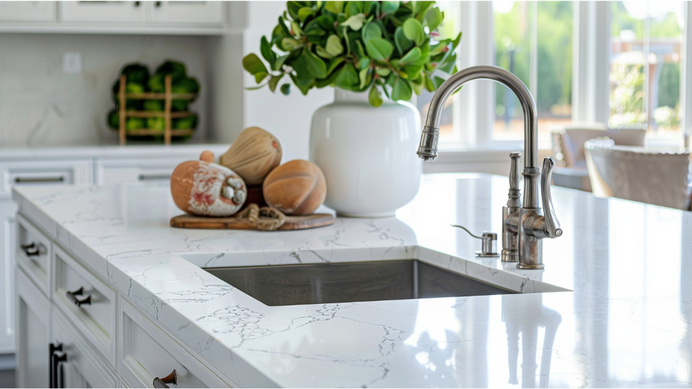 A close up on white countertops in a white kitchen