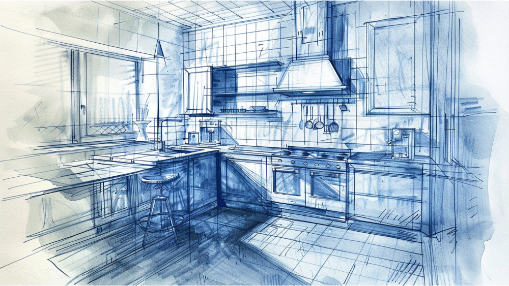 The blueprints of a small kitchen remodel