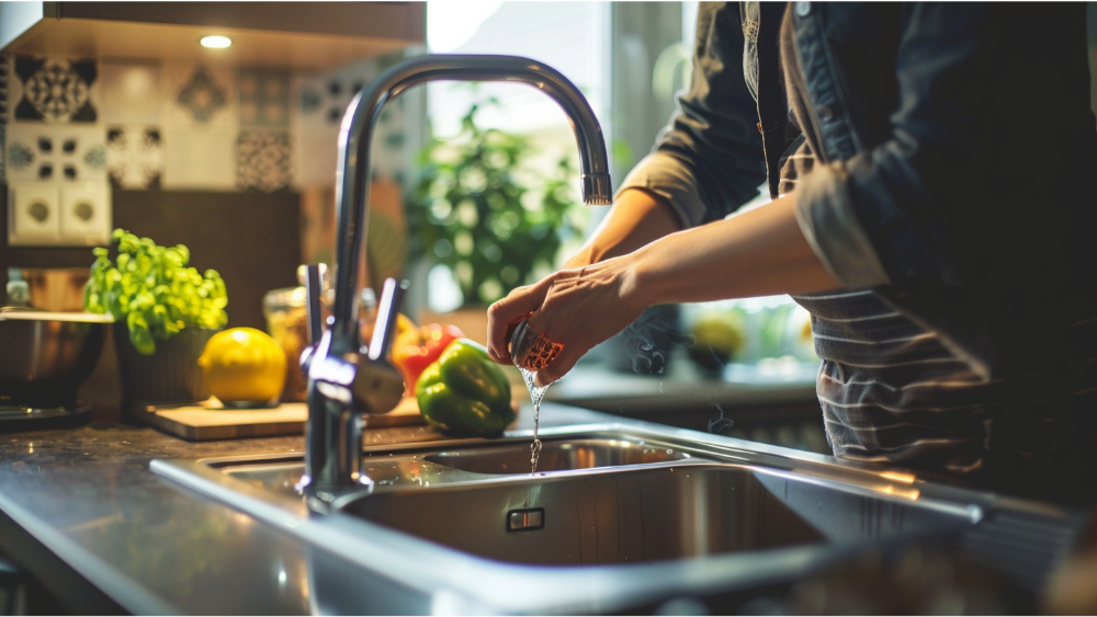 A person using their kitchen island sink