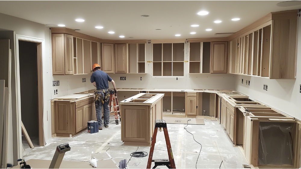 A man installing new kitchen cabinets