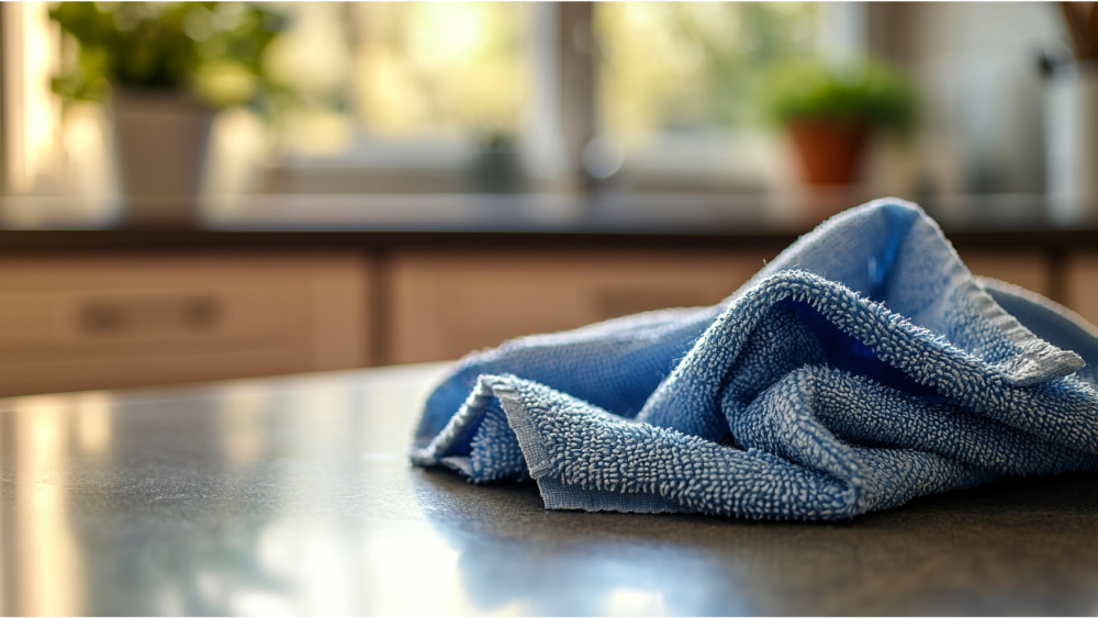 A microfiber cloth used to clean kitchen cabinets