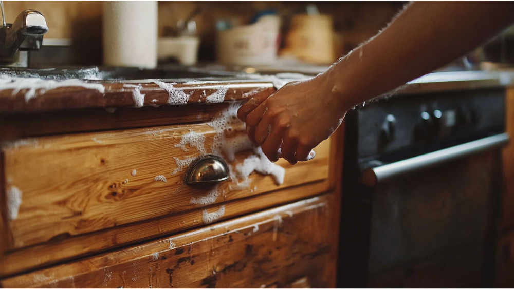 A person who is not cleaning the cabinets correctly