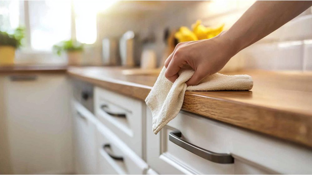 A person wiping down the kitchen cabinets