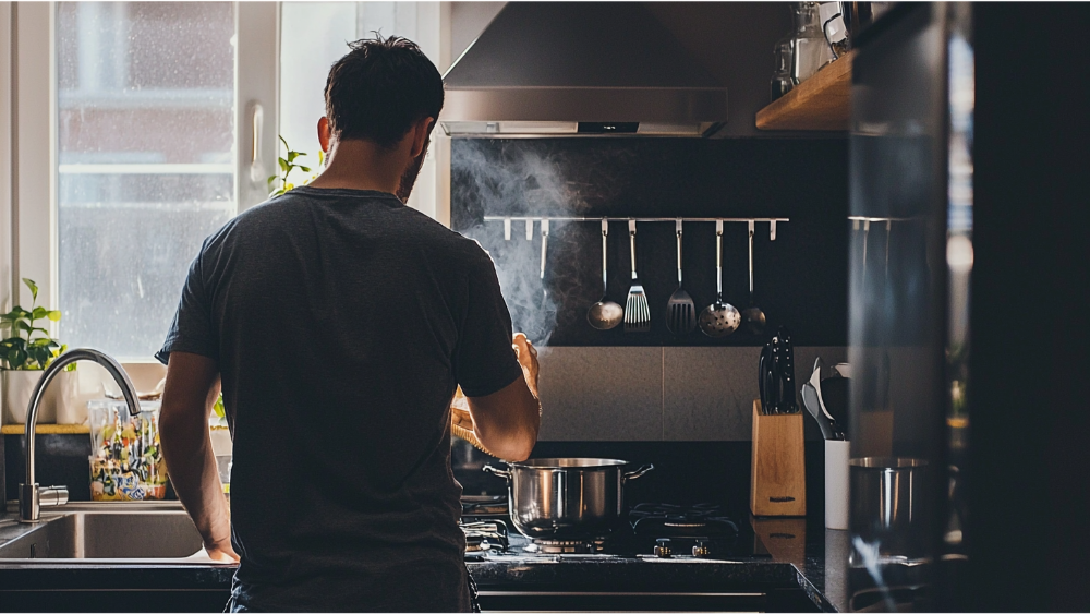 A man utilizing the upgrades he made in his kitchen