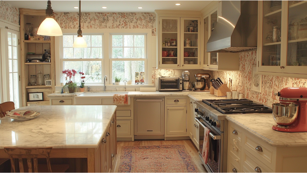 A kitchen with wallpaper