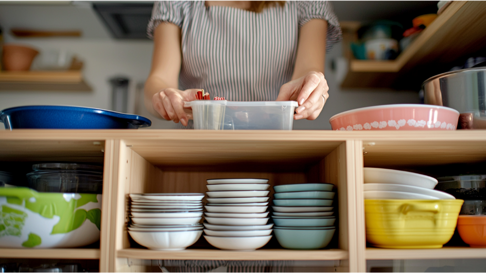 A women categorizing her kitchen cabinets