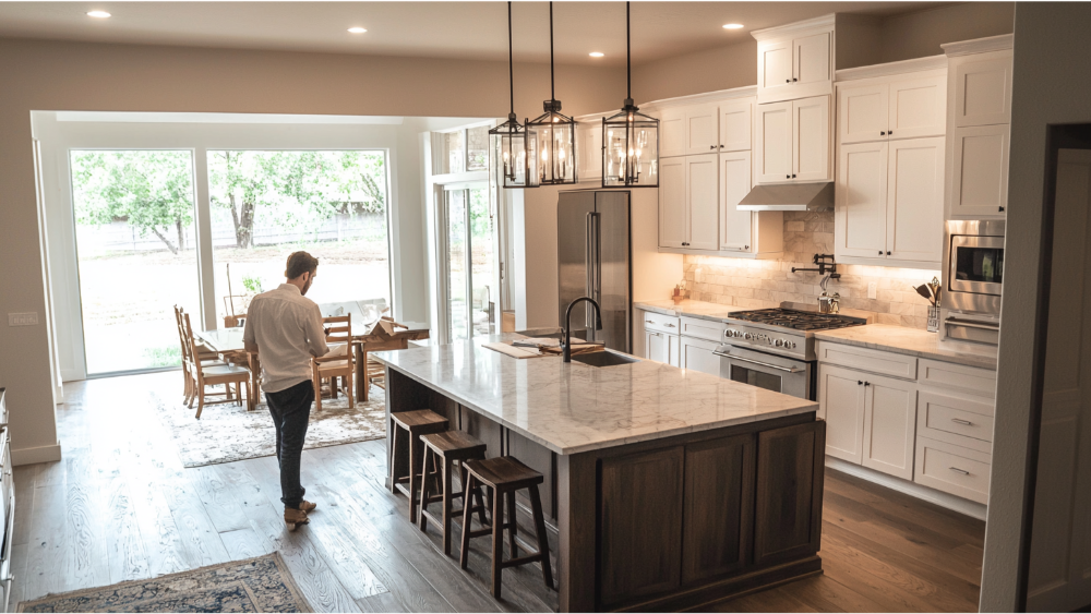 A man walking in his new kitchen