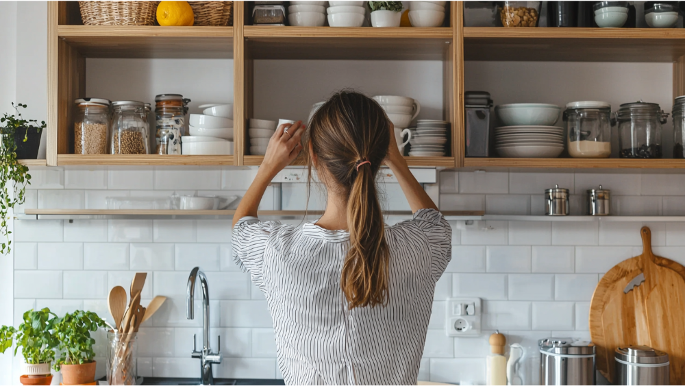 A lady organizing her kitchen cabinets