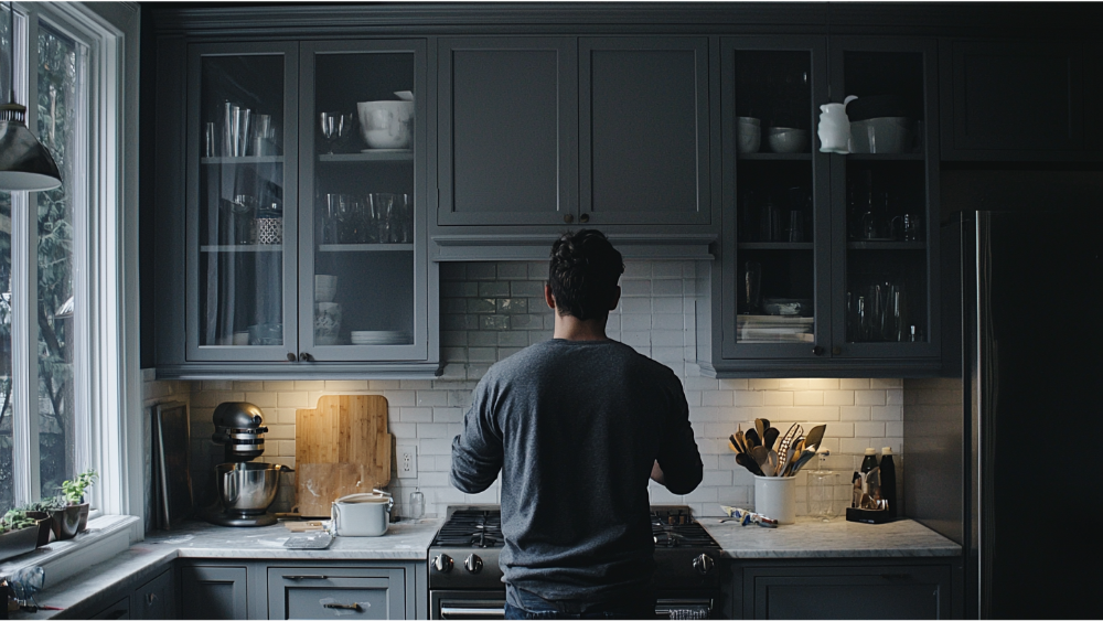 A man painting his kitchen cabinets gray