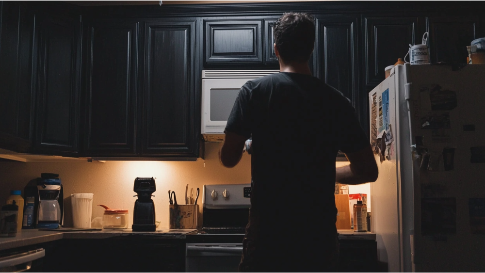 A man painting his kitchen cabinets black