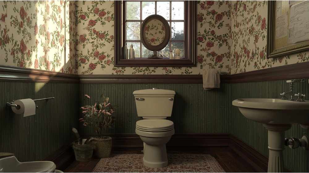 A hall bathroom with wallpaper