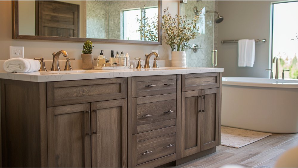 A double vanity in the bathroom