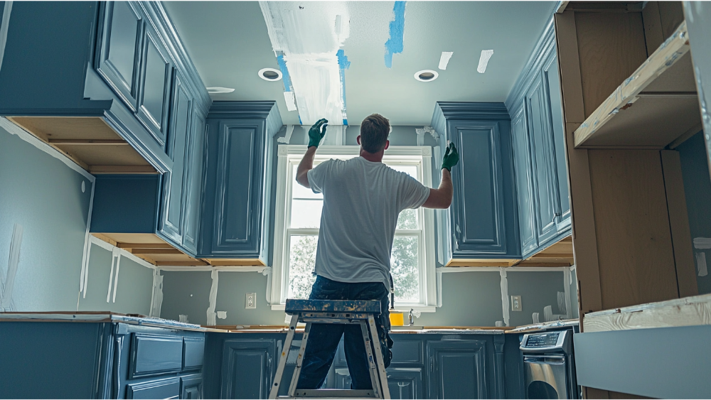 A man painting his kitchen cabinets