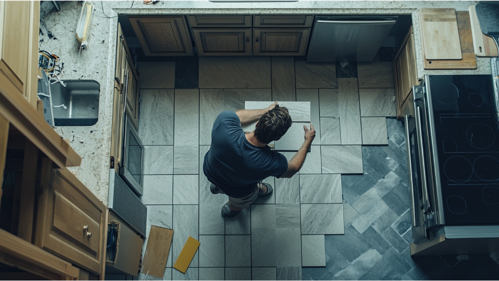 A man installing tile on his kitchen floor