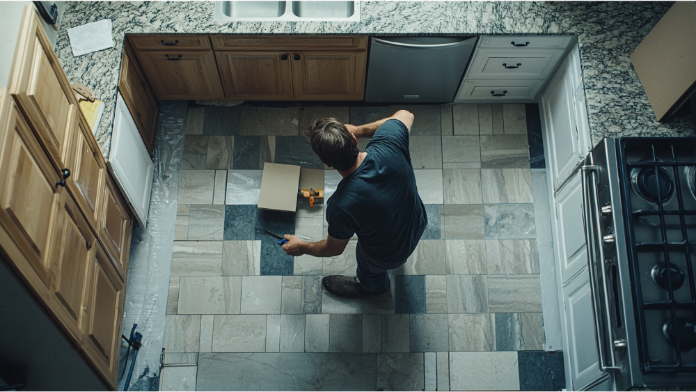 A man installing tile flooring in his kitchen