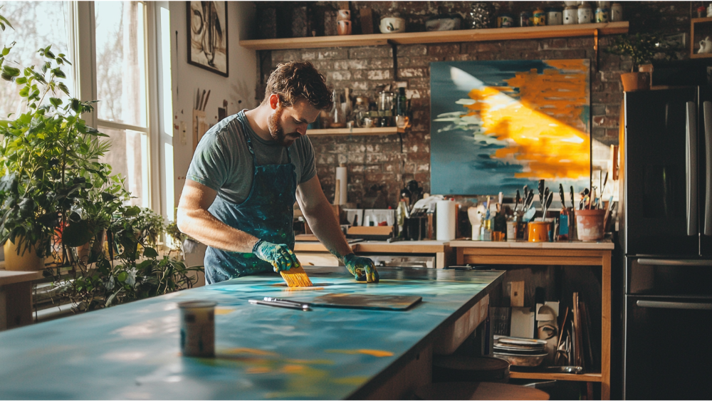 A man painting his kitchen countertops