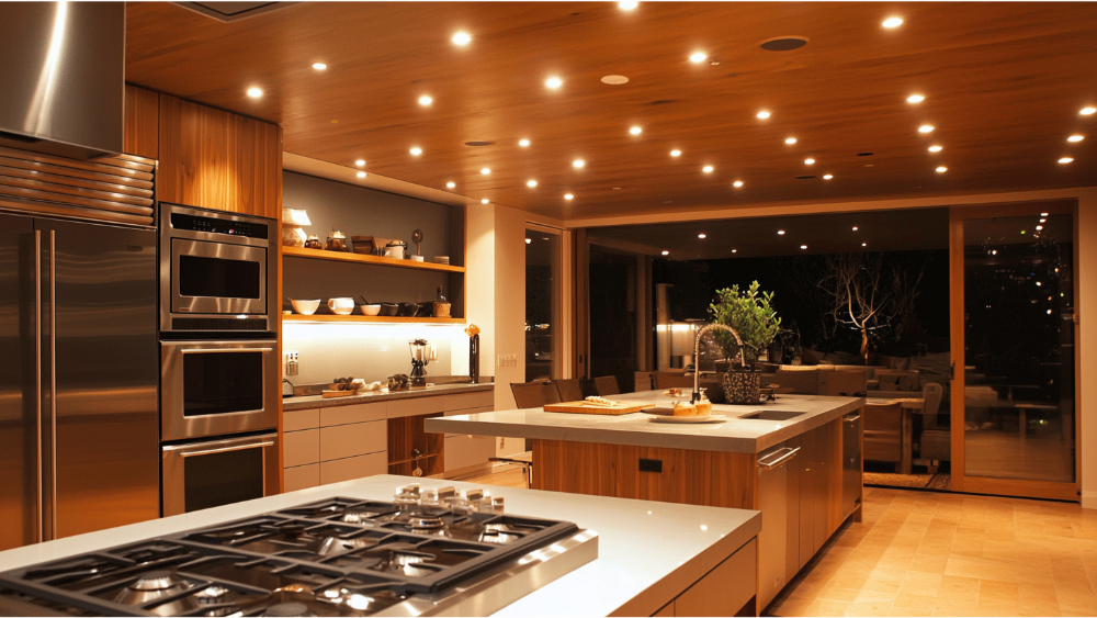 A kitchen with simple recessed lighting throughout the ceiling