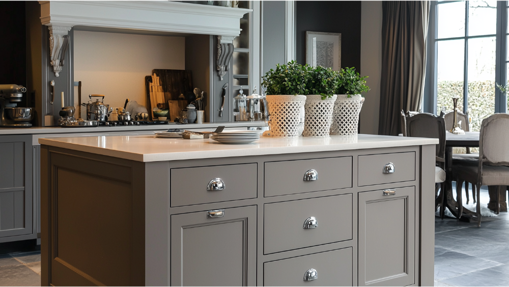 A custom built kitchen island with drawers