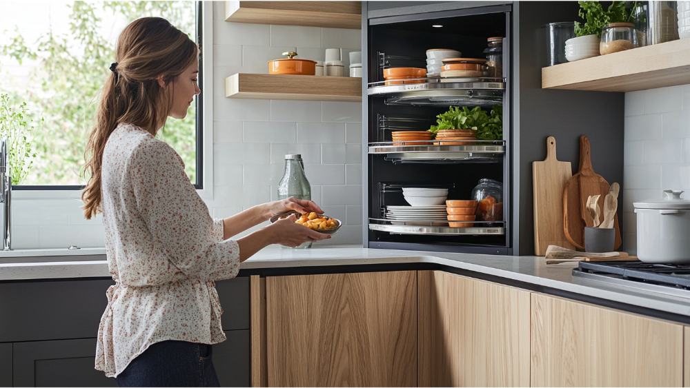 A woman using her lazy susan