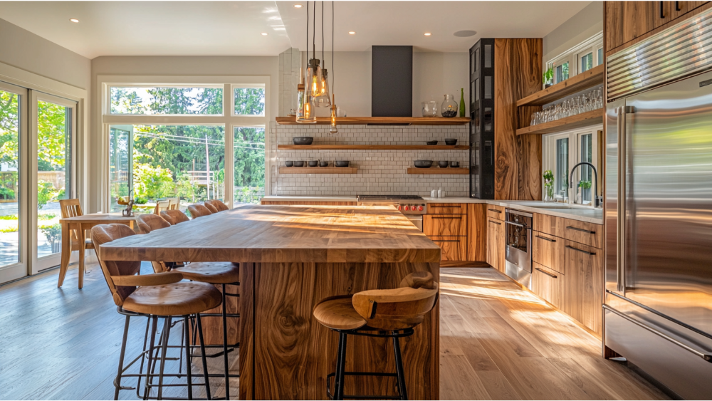 A custom built wooden kitchen island