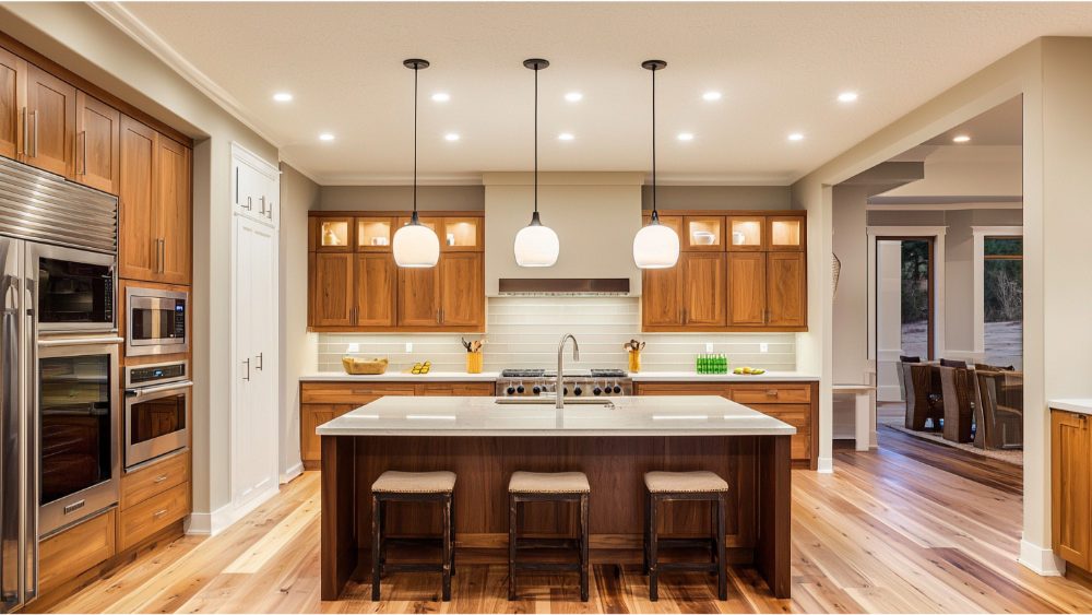 A kitchen with recessed lighting