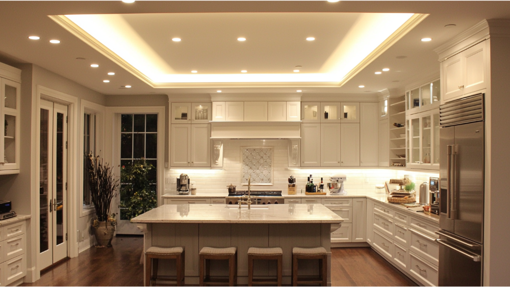 A kitchen with recessed lighting