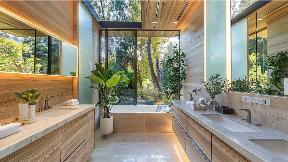 Luxurious bathroom with double sinks, wood finishes, and large windows showing outdoor greenery.
