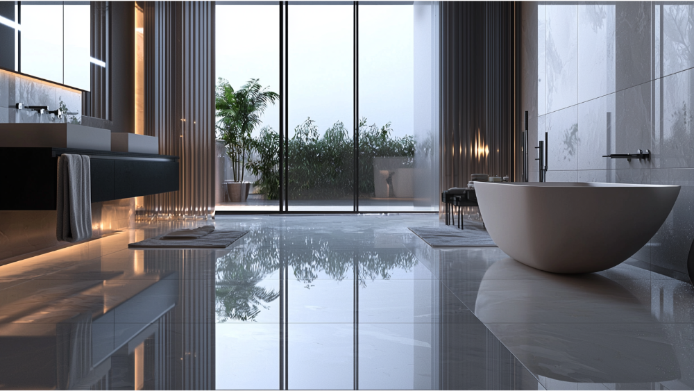 Modern bathroom with a freestanding tub, double sinks, and large glass windows.